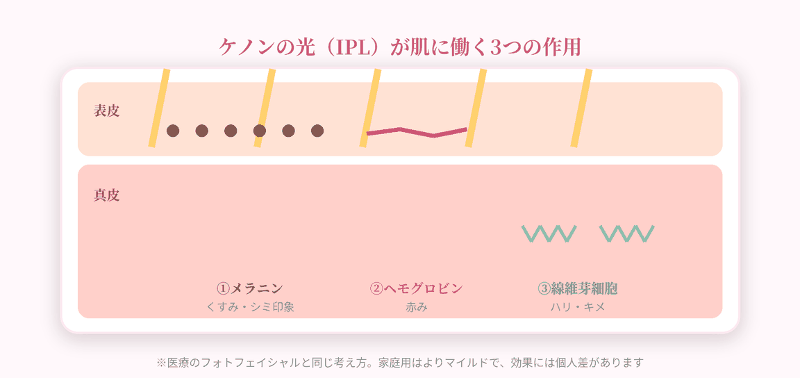 IPLが肌に働く3つの作用の図